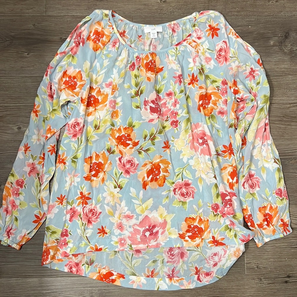 J. Jill Open Shoulder Light Blue Floral Blouse Like New
